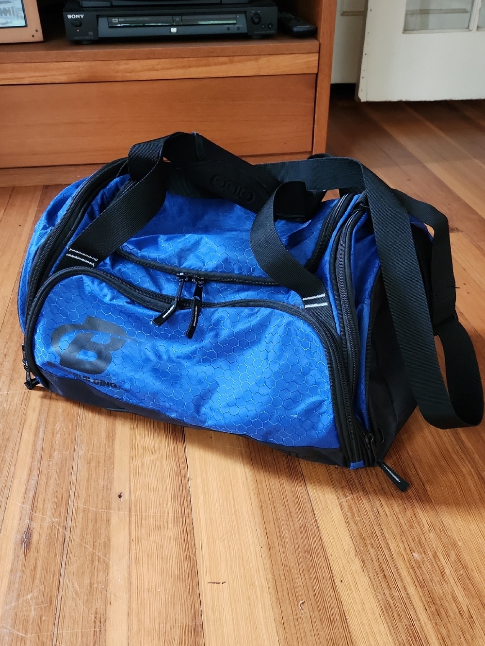 OGIO Blue Hex-Pattern Duffel Bag with Black Straps